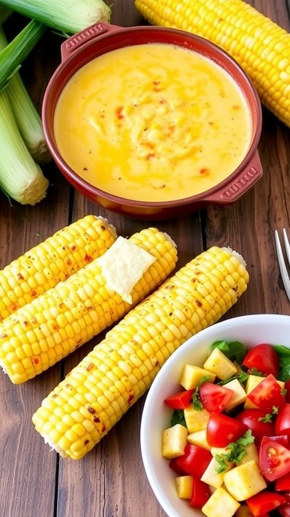 A variety of corn dishes including chowder, grilled corn, and corn salad on a rustic table.